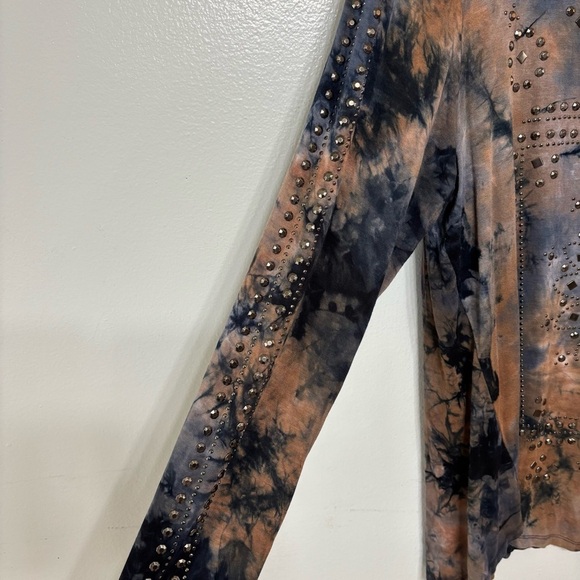 Vocal Navy/Taupe Tie Dyed Heavy Embellished Long Sleeve Tunic Top Size 2XL - Picture 3 of 8
